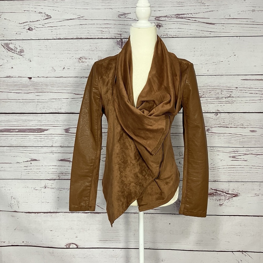 BLANKNYC Leather Jacket Womens Sz Small Brown Draped Moto Asymmetrical Zip